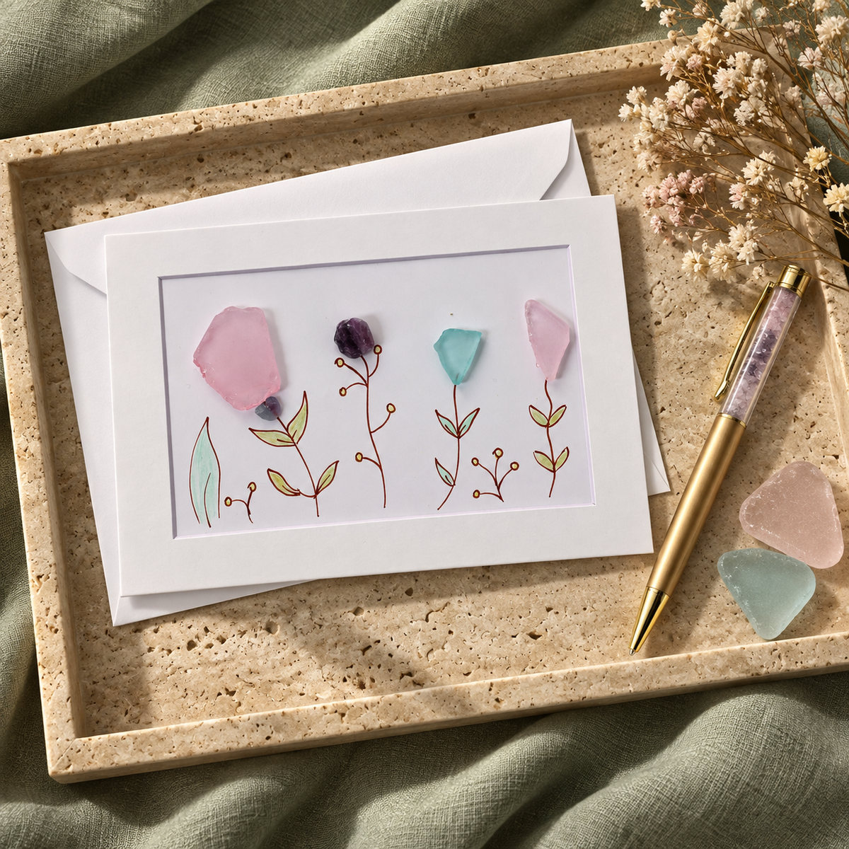 Sea Glass Stem Flowers Greeting Card