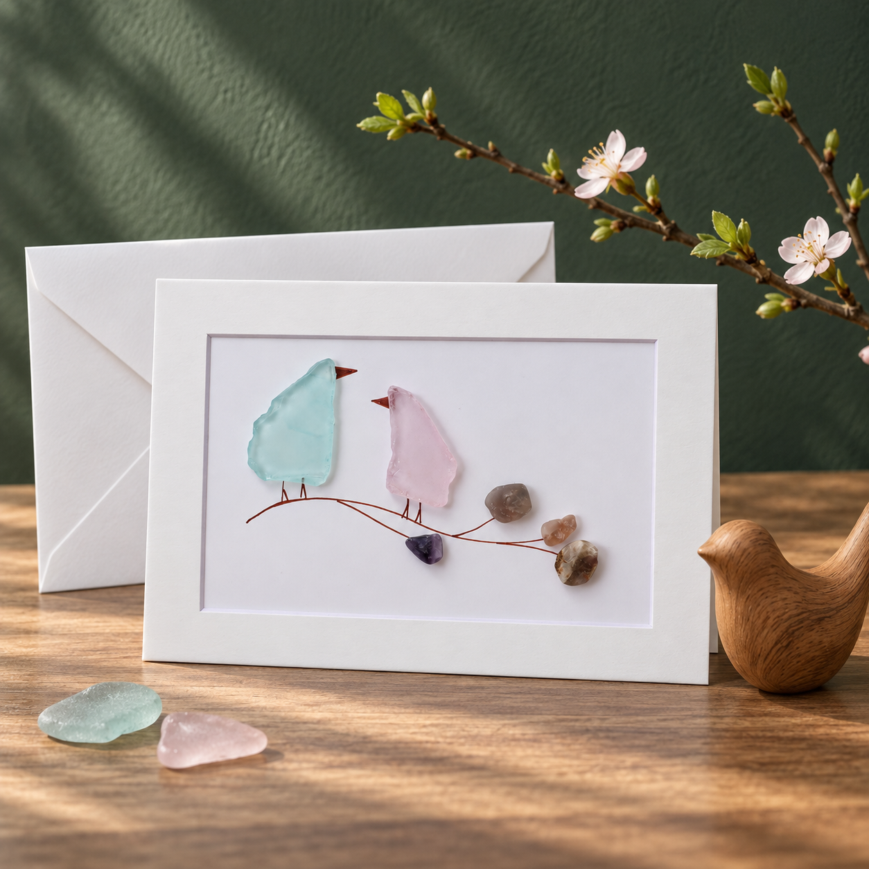 Sea Glass Birds on Branch Greeting Card
