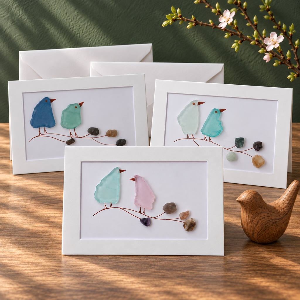 Sea Glass Birds on Branch Greeting Card