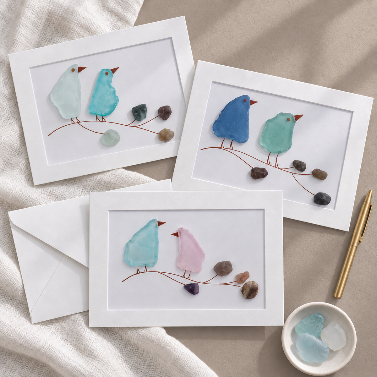 Sea Glass Birds on Branch Greeting Card
