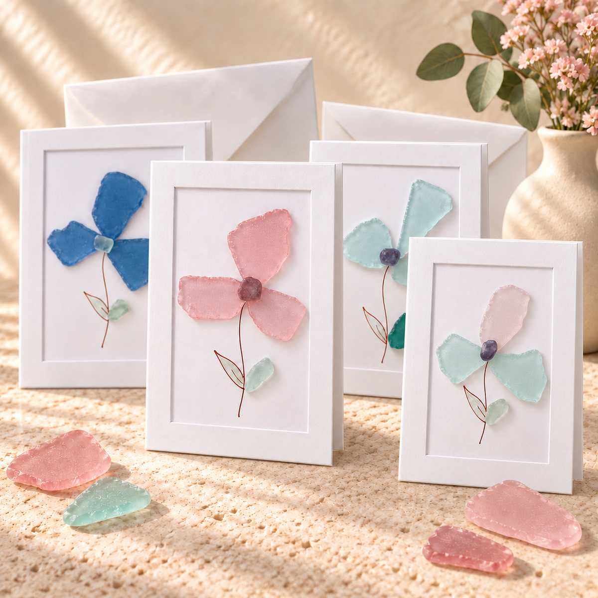 Large Sea Glass Stem Flower Greeting Card