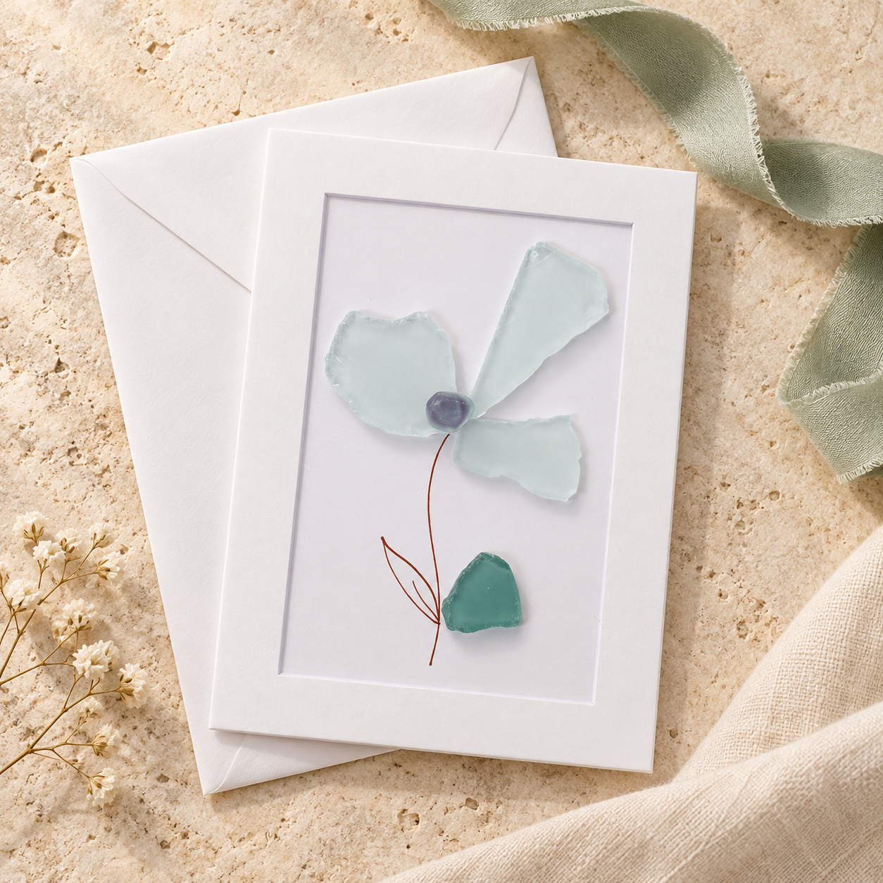 Large Sea Glass Stem Flower Greeting Card