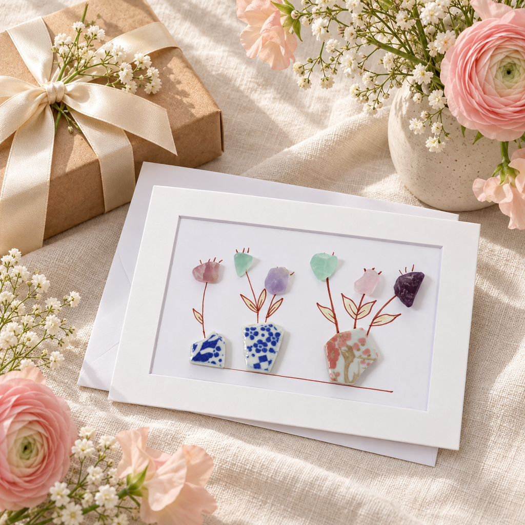 Sea Glass Vase Flowers Greeting Card