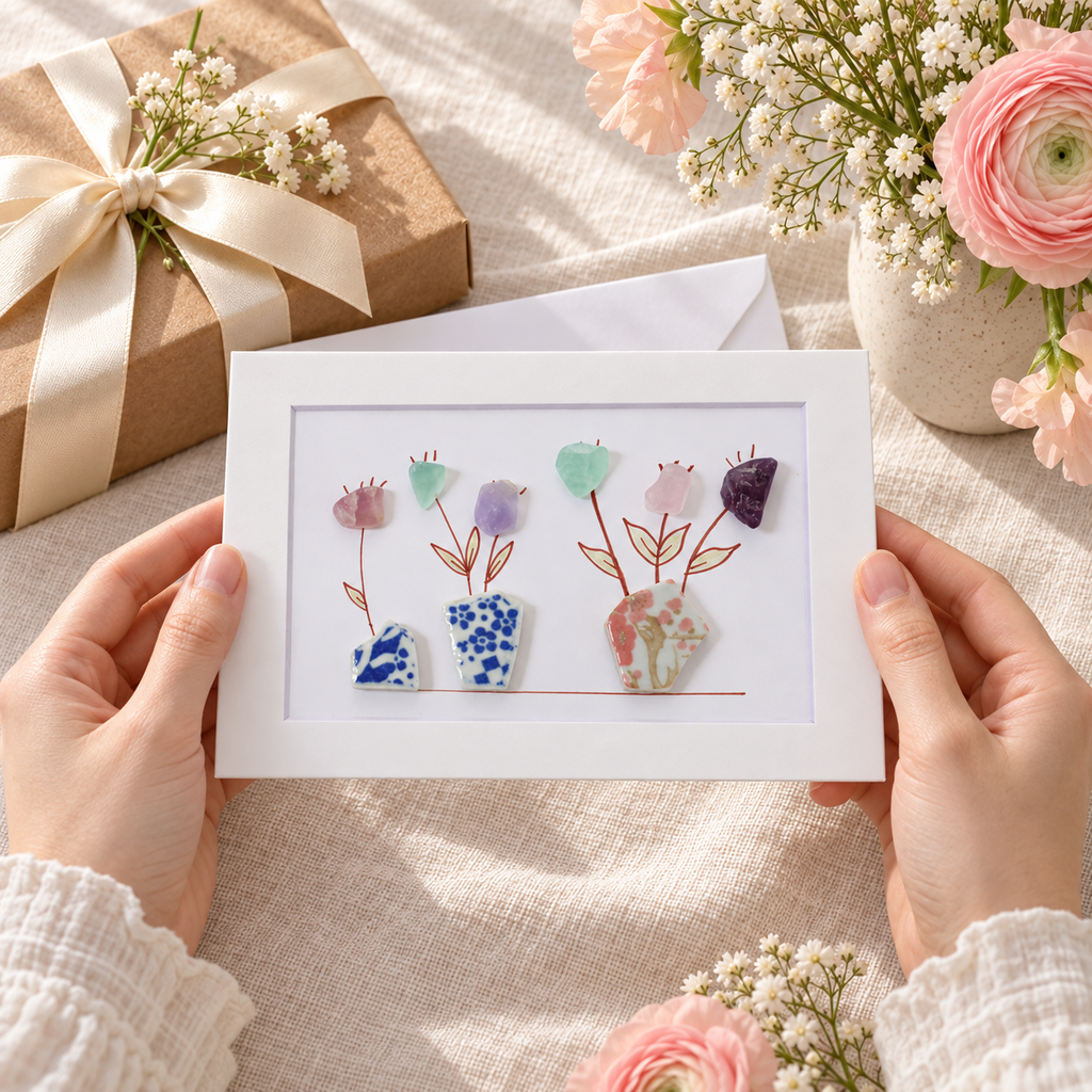 Sea Glass Vase Flowers Greeting Card