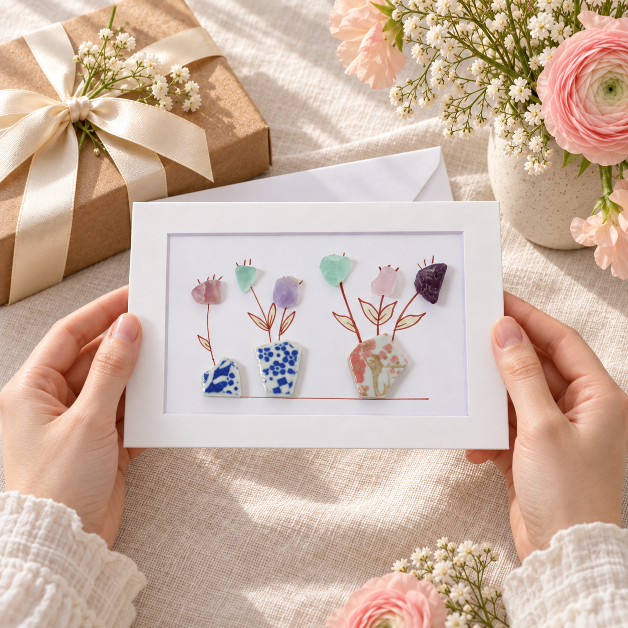 Sea Glass Vase Flowers Greeting Card