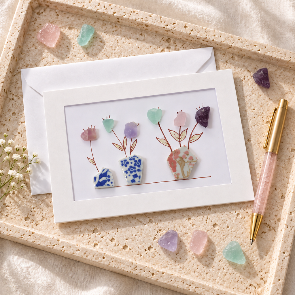 Sea Glass Vase Flowers Greeting Card