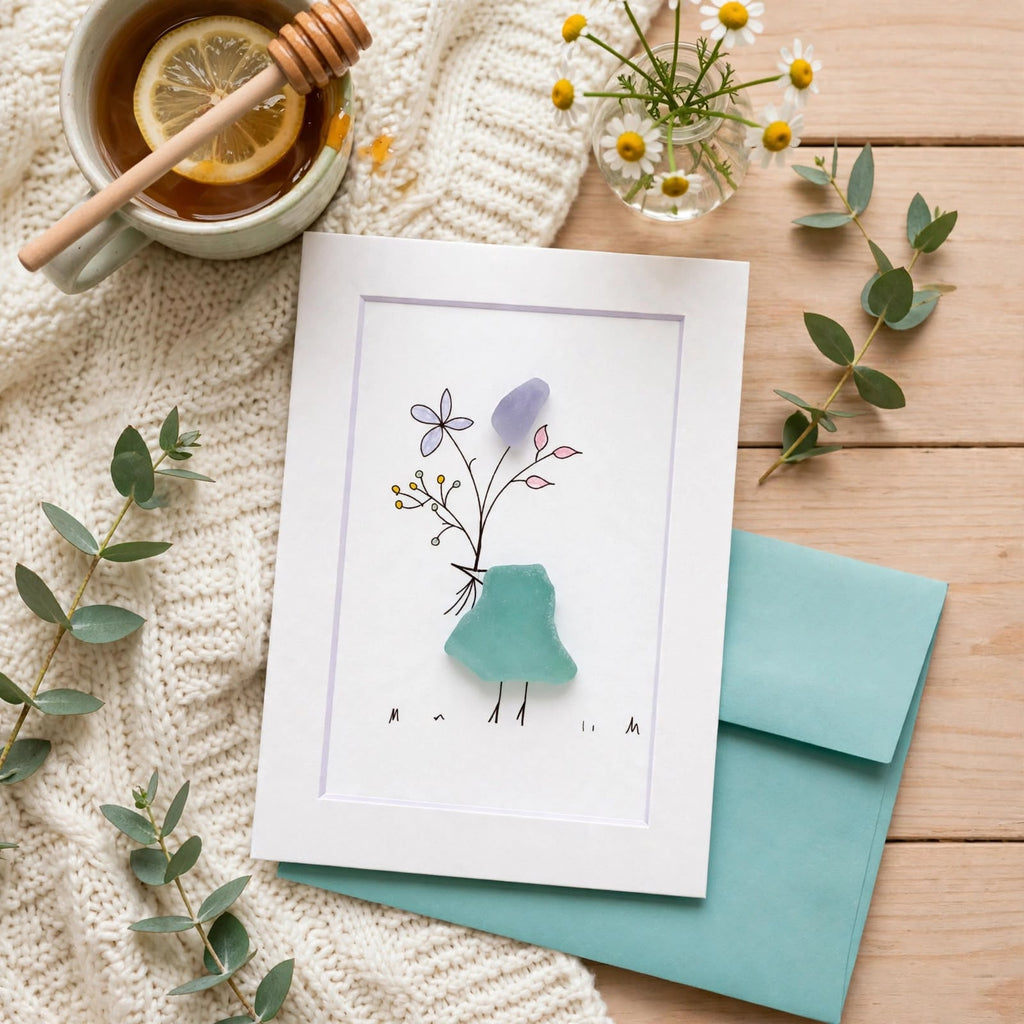 Sea Glass Bird Flower Wishes Greeting Card