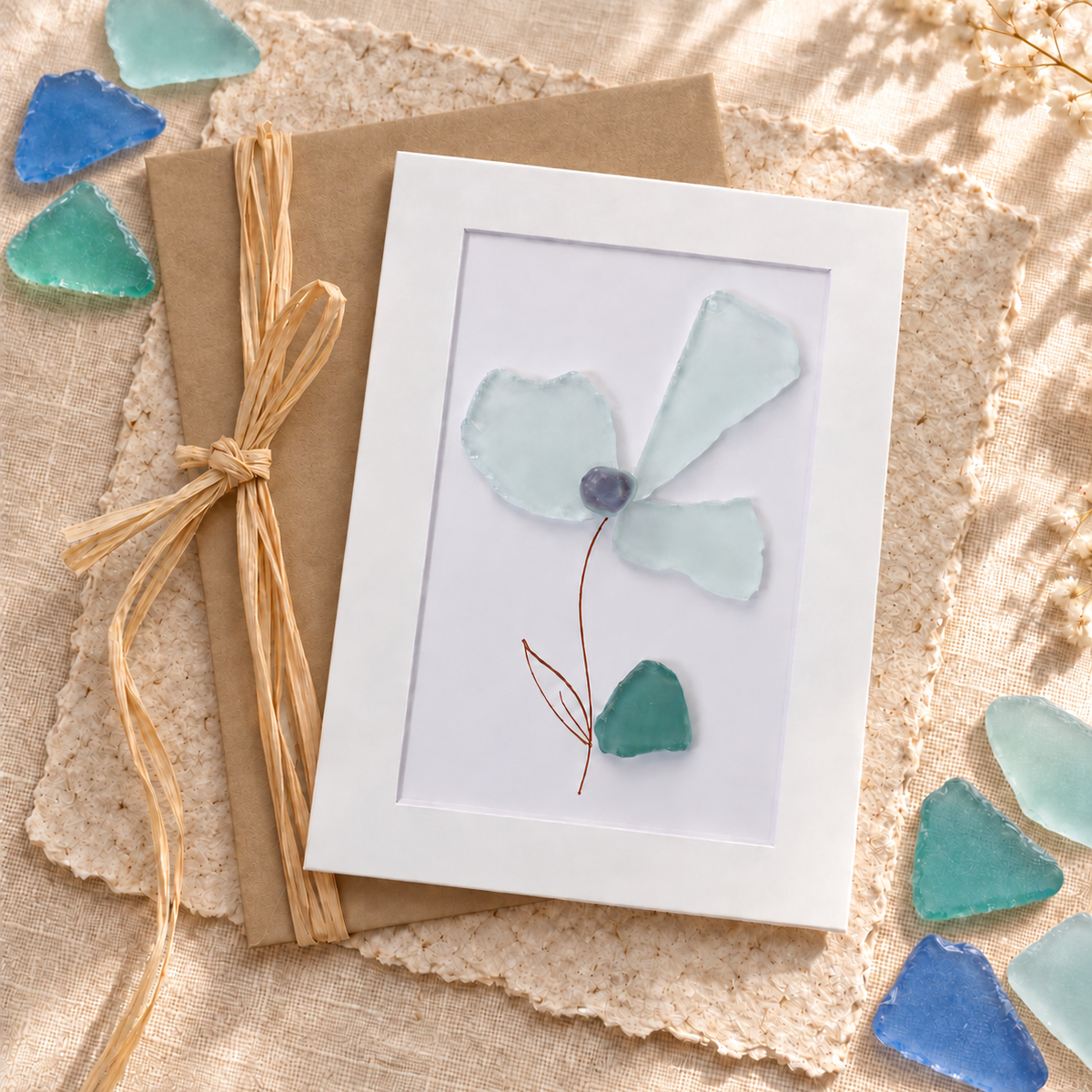 Large Sea Glass Stem Flower Greeting Card