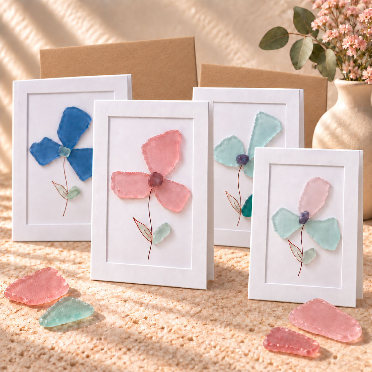 Large Sea Glass Stem Flower Greeting Card